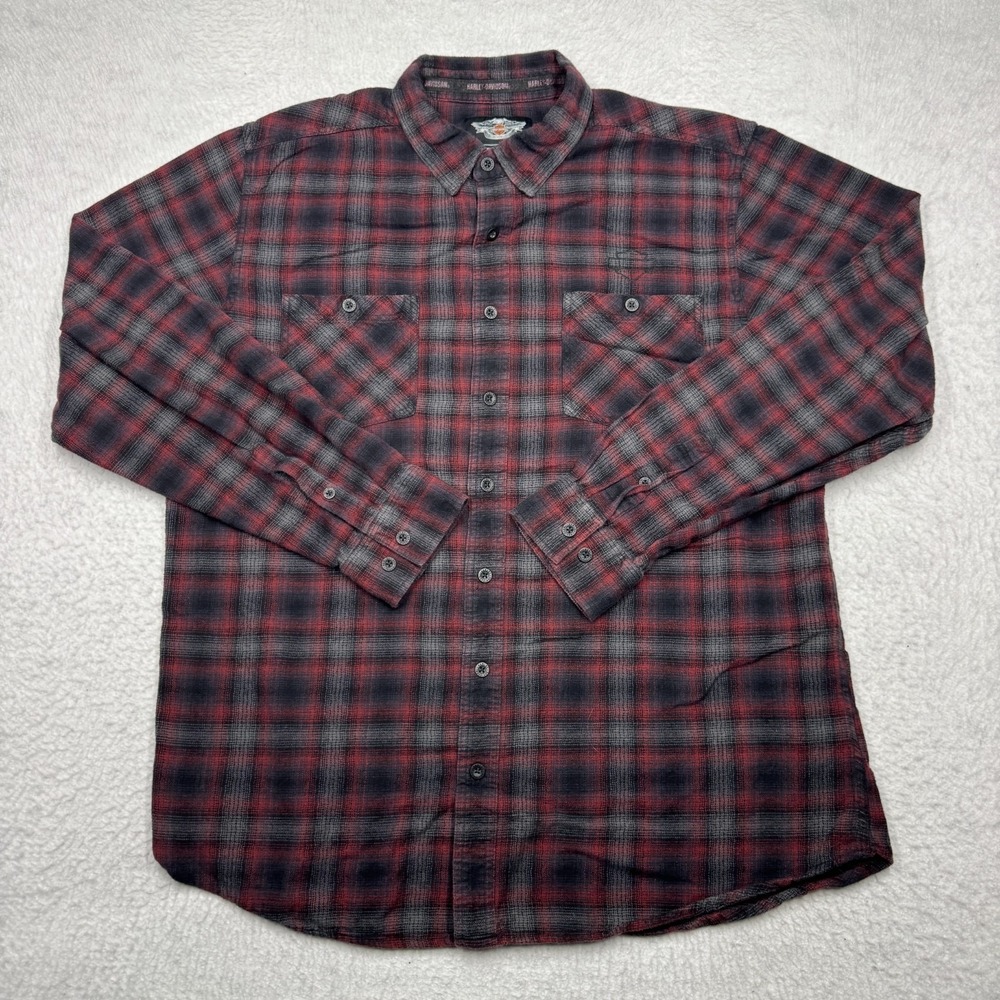 Harley Davidson Button‎ Up Long Sleeve Plaid Shirt Red Gray Men's Size 2XL